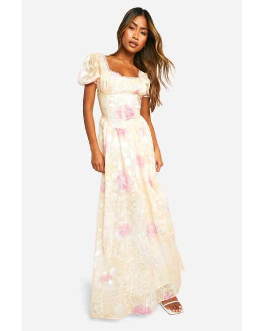 Floral Jacquard Puff Sleeve Milkmaid Maxi Dress Boohoo de color Natural