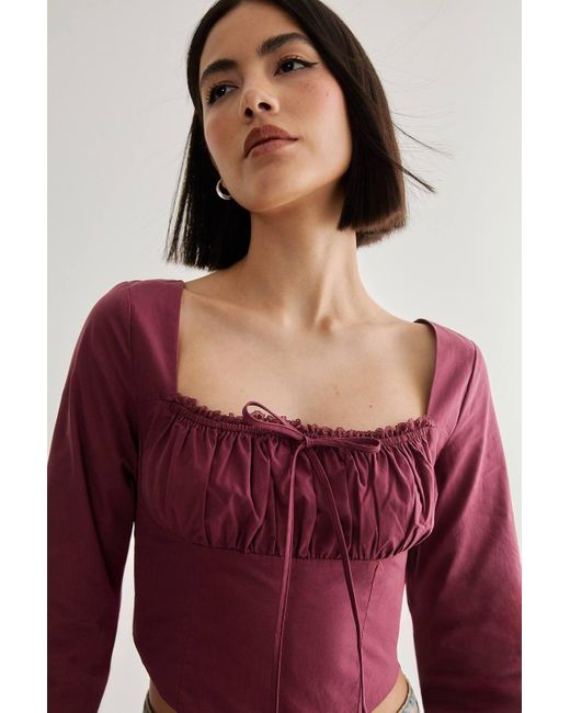 Nasty Gal Red Cotton Lace Trim Lace Up Back Long Sleeve Corset Top