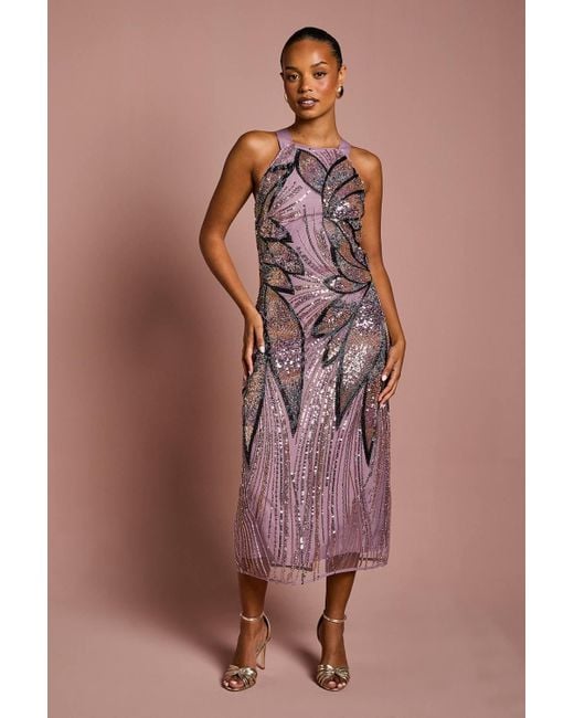 Coast Purple Petite High Neck Beaded Column Midi Dress