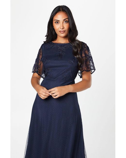 Wallis Blue Petite Occasion Cornelli Slash Neck Dobby Midi Dress