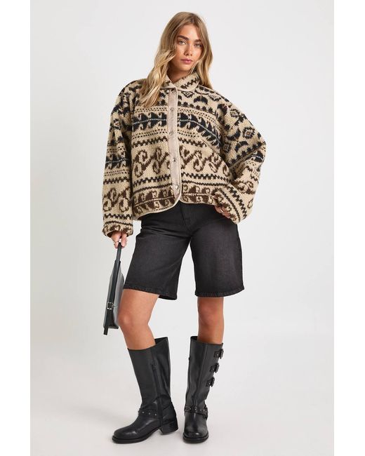 Boohoo Brown Aztec Printed Teddy Button Up Jacket