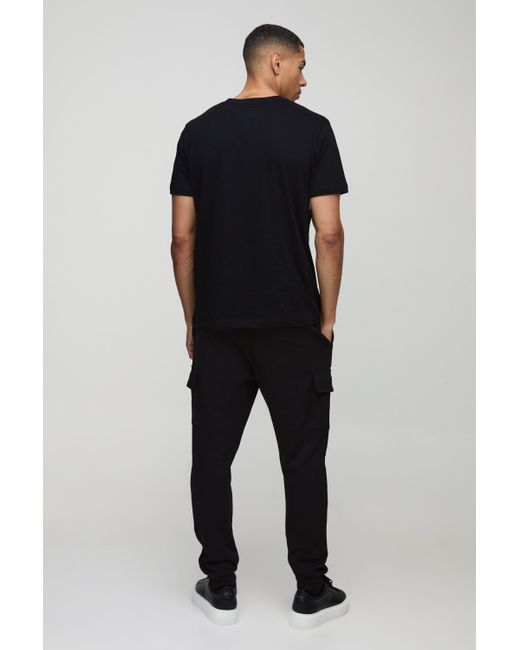 BoohooMAN Black Slim Fit Heavyweight Interlock Cargo Jogger for men