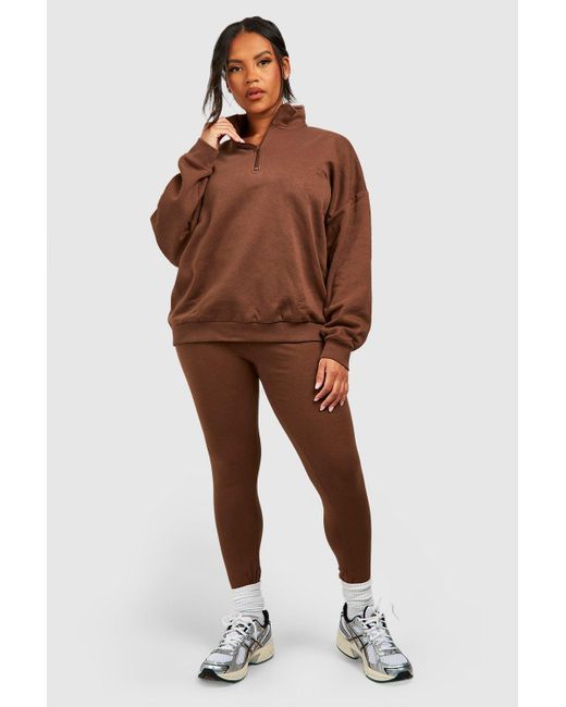 Boohoo Brown Plus Oversized Half Zip Sweatshirt And Legging Set