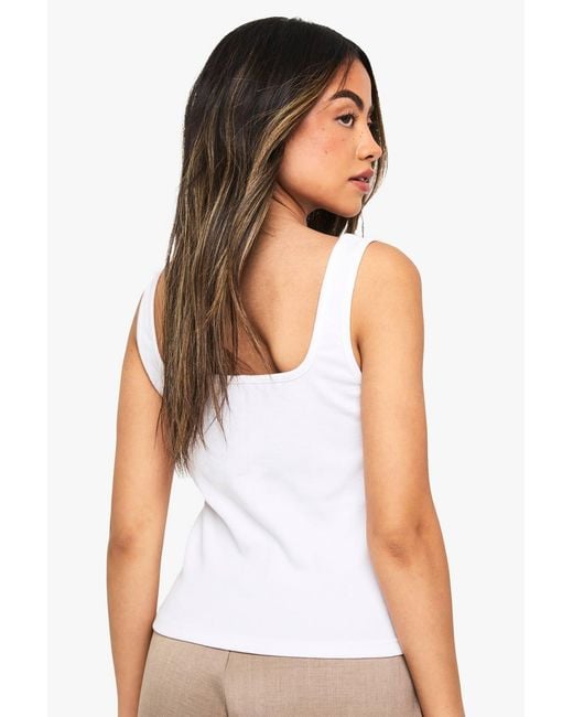Boohoo White Rib Button Through Square Neck Top