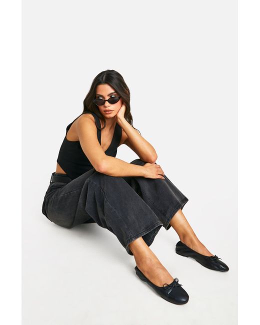 Boohoo Black Bow Detail Ruched Ballet Pumps