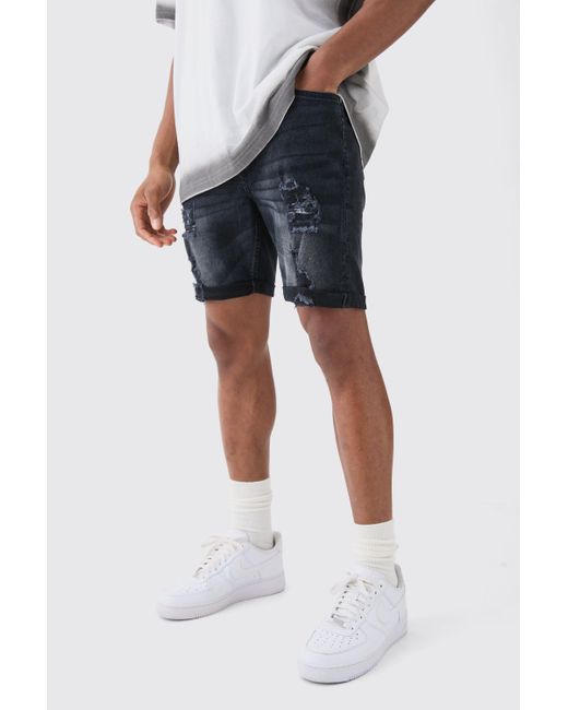 BoohooMAN Blue Skinny Stretch Distressed Denim Shorts In Washed Black for men