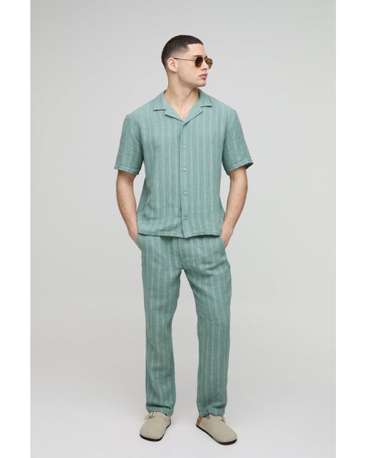 BoohooMAN Strukturiertes gestreiftes Oversize Hemd & Hose in Green für Herren