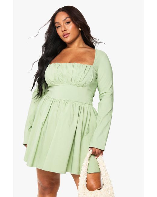 Boohoo Plus Bengaline Corset Long Sleeve Skater Dress in Green | Lyst Canada