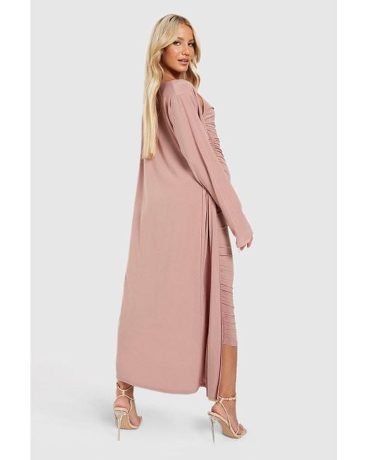 Boohoo Pink Maternity Strappy Cowl Neck Dress And Duster Coat