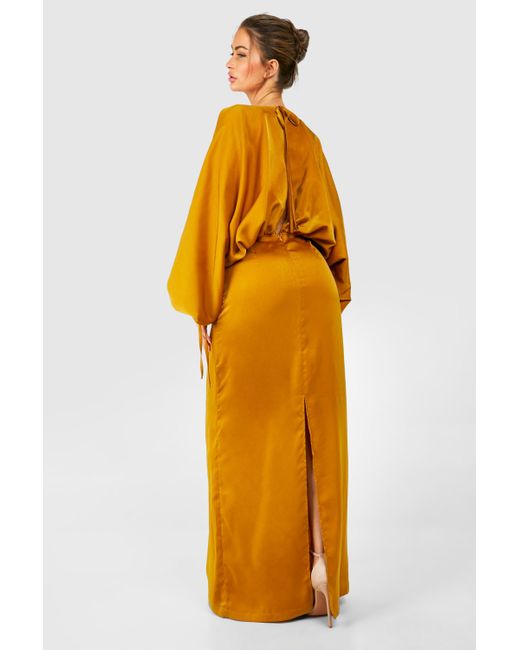Boohoo Orange Satin Extreme Blouson Sleeve Plunge Maxi Dress