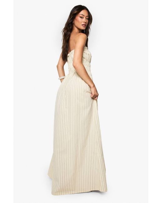 boohoo tall maxi dress Ecru boohoo Tall Linen Look Stripe Shirred Maxi Dress