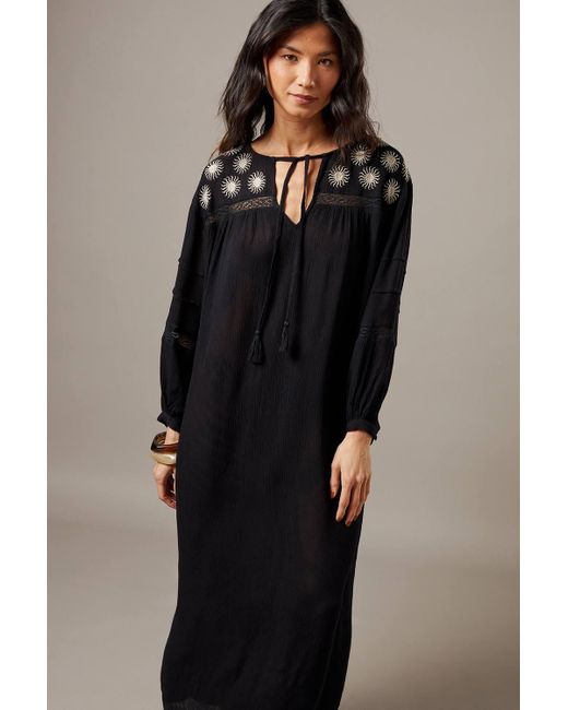 Warehouse Black Cheesecloth Embroidered Trim Insert Midi Smock Dress