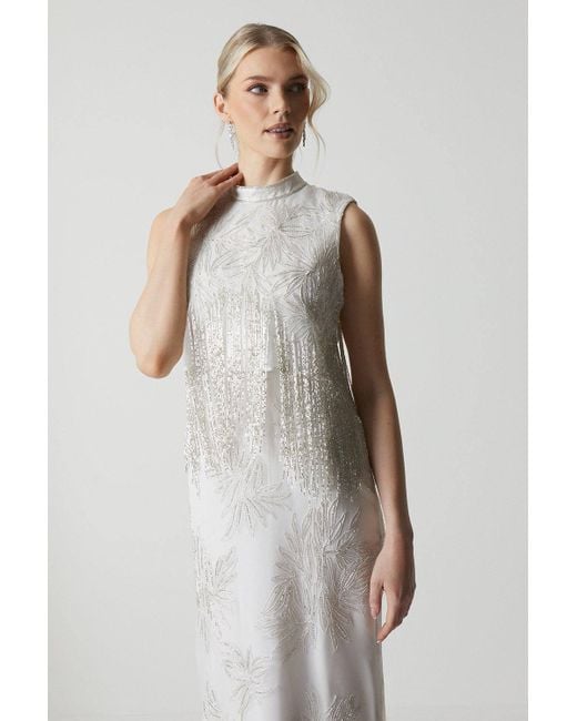 Coast White Premium Organza Overlay Beaded Fringe Column Wedding Dress