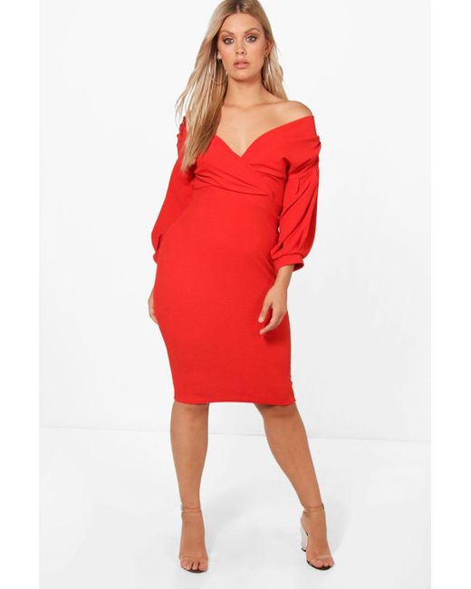 boohoo off shoulder wrap midi dress
