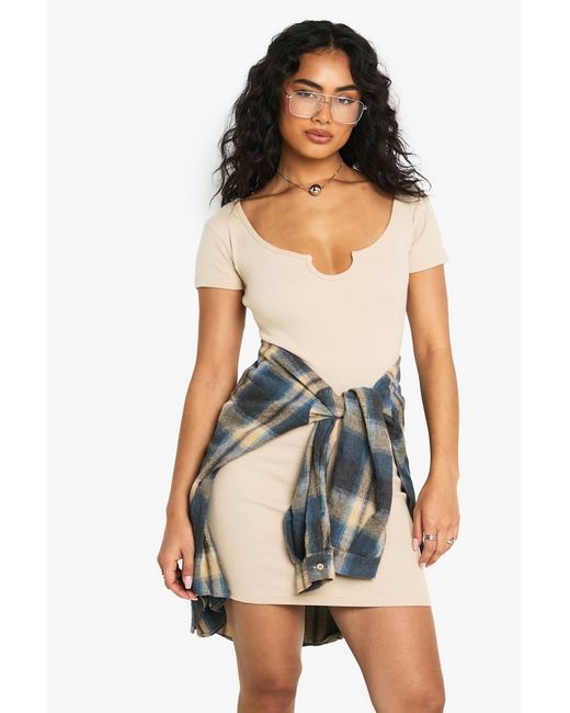 Boohoo White Basic Rib Notch Mini Dress