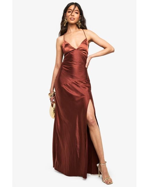 Boohoo Satin Cross Back Maxi Slip Dress in Brown | Lyst