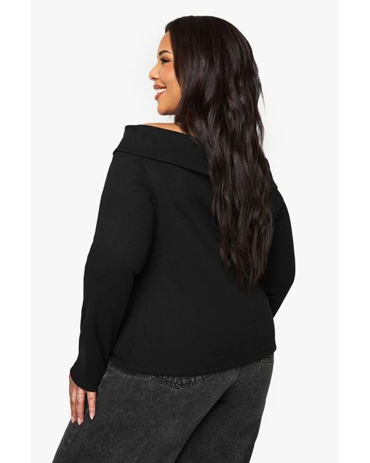 Boohoo Black Plus Button Down Bardot Rib Top