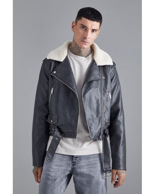 BoohooMAN Gray Boxy Fit Washed Pu Biker With Borg Collar for men