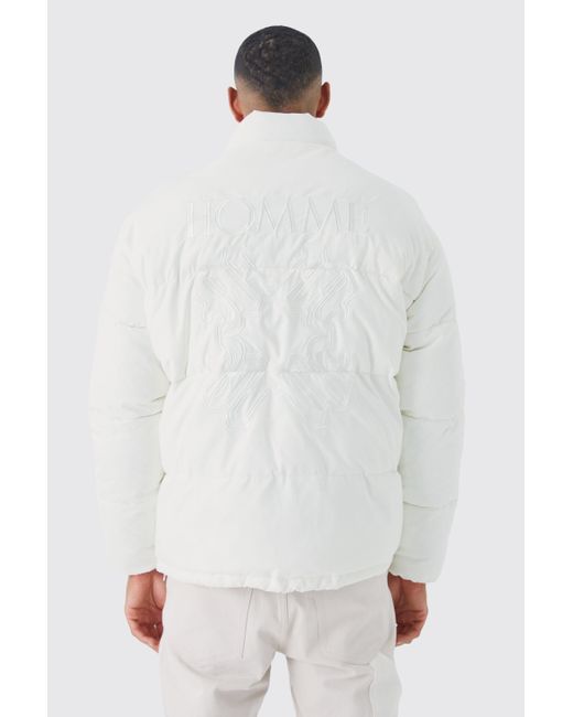 BoohooMAN White Tall Oversized Peached Nylon Embroidered Puffer for men