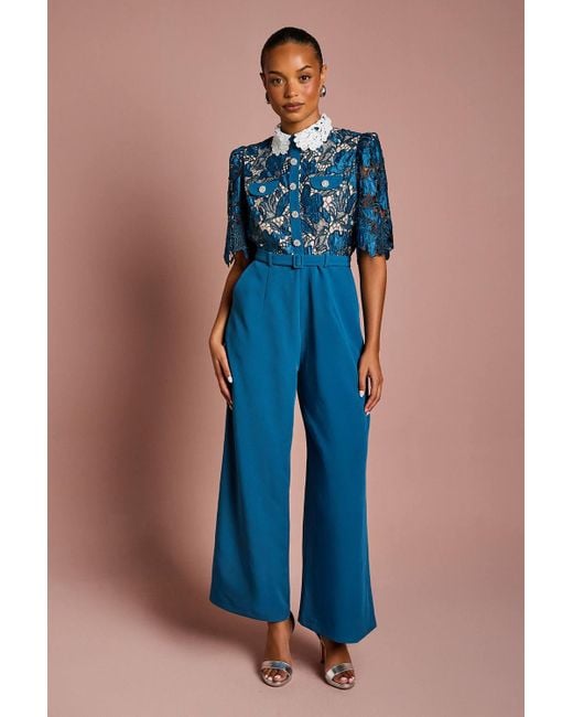 Coast Blue Petite Lace Shirt Short Sleeve Jumpsuit