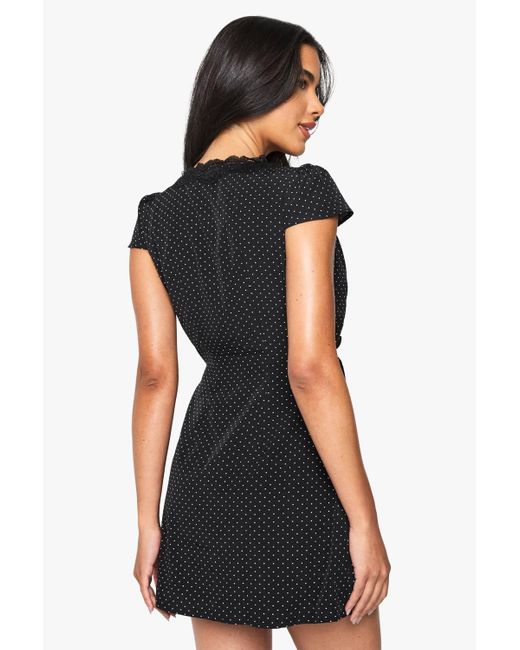 Boohoo Polka Dot Lace Trim Wrap Mini Dress in Black | Lyst