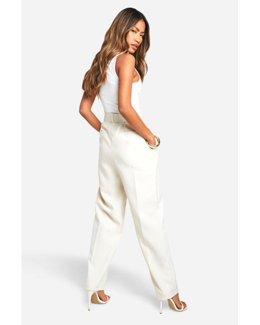 Boohoo White Self Fabric Belted Ankle Grazer Trouser