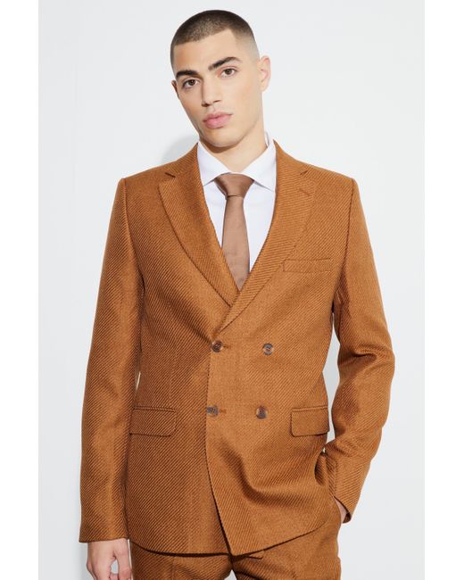 BoohooMAN Brown Skinny Fit Double Breasted Marl Blazer for men