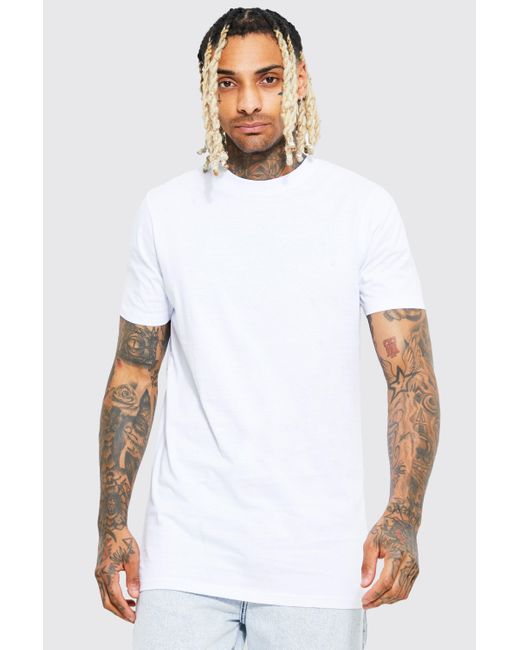 BoohooMAN Denim Longline Crew Neck Tshirt in White for Men Lyst