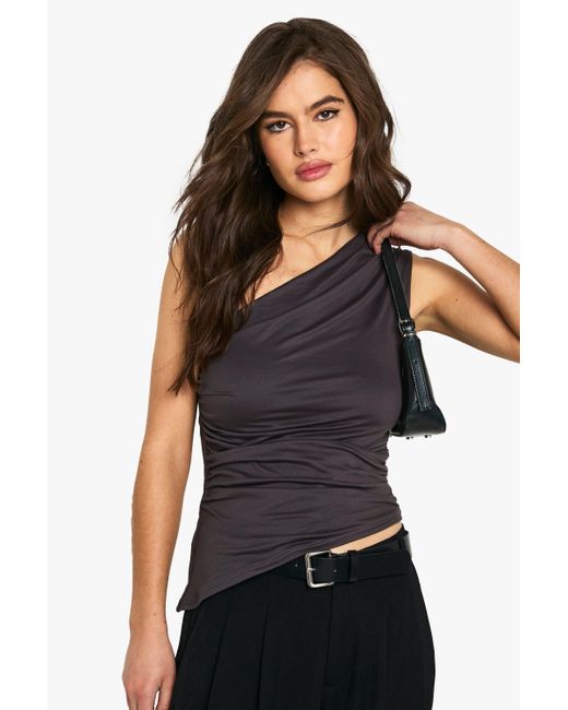 Boohoo Black Super Soft One Shoulder Ruched Side Top