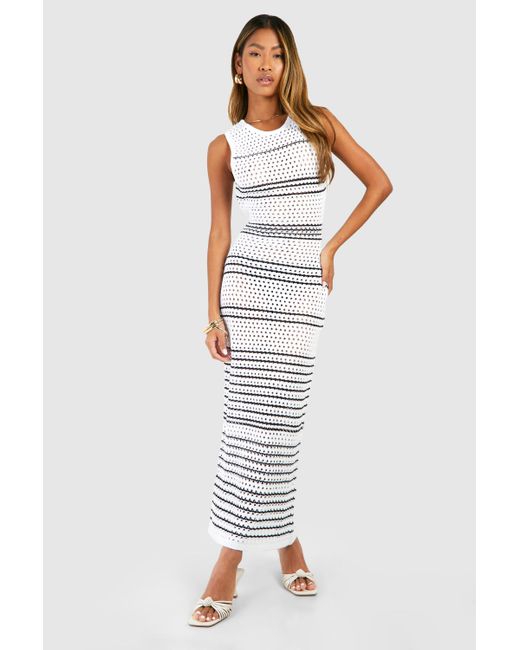 Boohoo White Stripe Crochet Maxi Dress