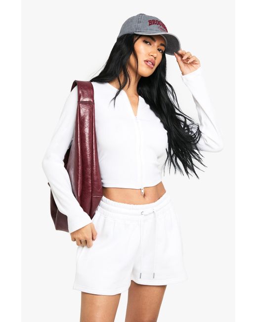 Boohoo White Double Zip Long Sleeve Rib Top And Short Tracksuit