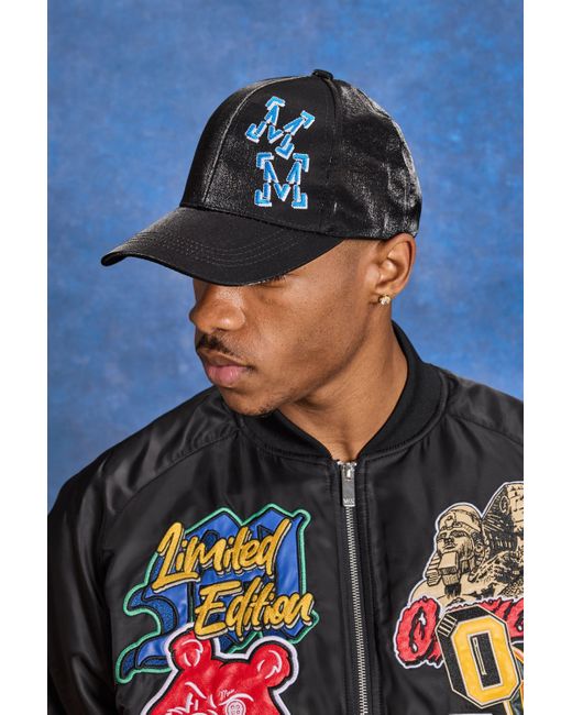 BoohooMAN Blue Satin Embroidered Cap for men