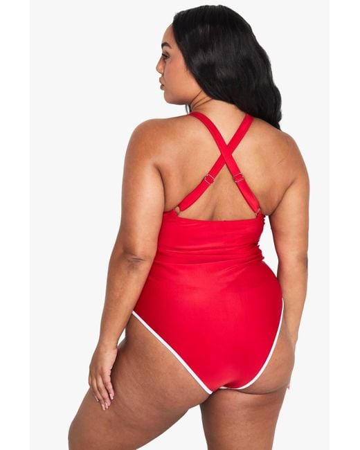 Boohoo Red Plus Contrast Binding Bathing Suit
