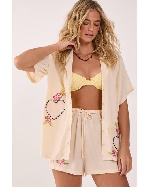 Nasty Gal Natural Cross Hatch Heart Embroidered Resort Shirt