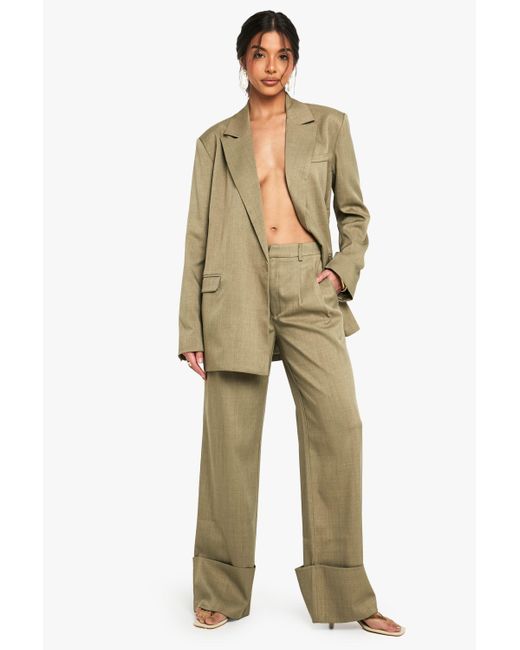 Boohoo Natural Tailored Woven Turn Up Hem Wide Leg Trouser