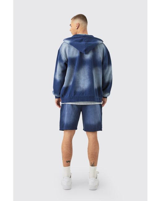 BoohooMAN Blue Oversized Sun Bleach Zip Through Hooded Short Tracksuit for men