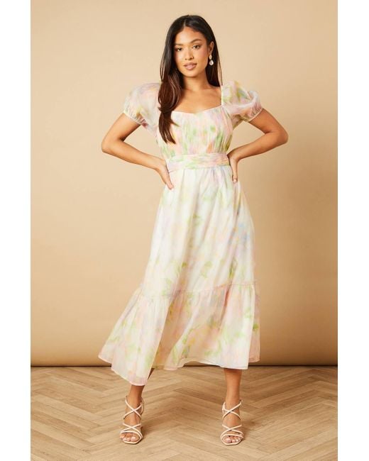 Oasis Natural Petite Ruched Bust Organza Tiered Midi Dress