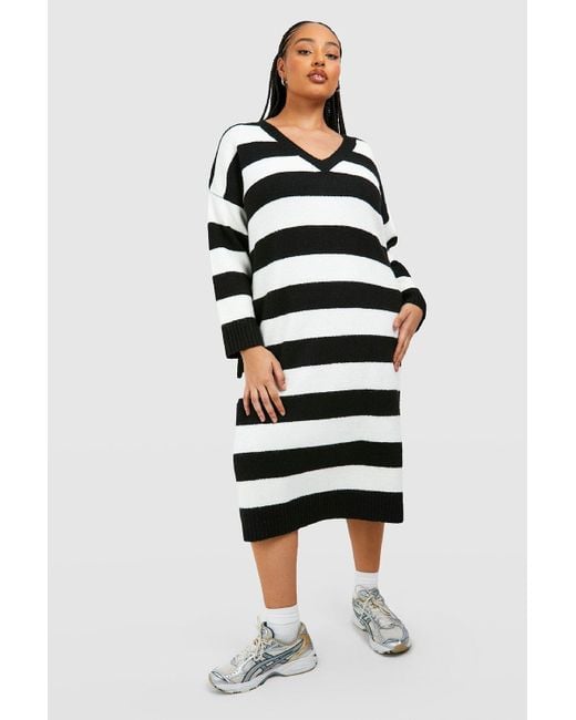 Boohoo Plus V Neck Stripe Jumper Dress in White Lyst
