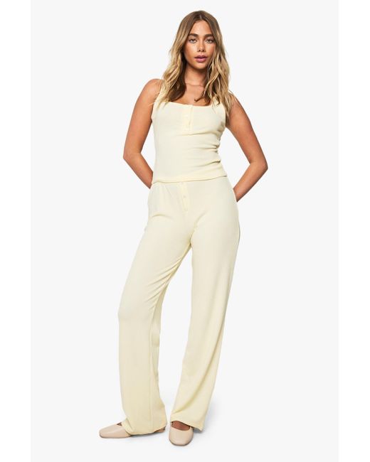 Boohoo White Ribbed Henley Button Sleeveless Tank And Straight Leg Trouser Co-Ord