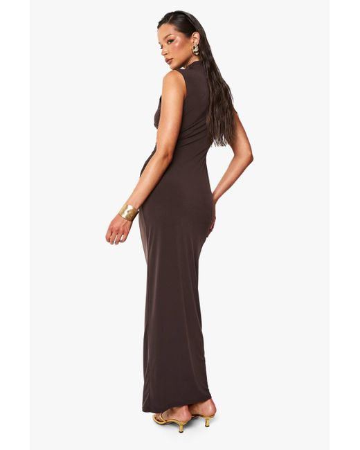 Boohoo Brown Slinky Trim Detail Ruched Maxi Dress