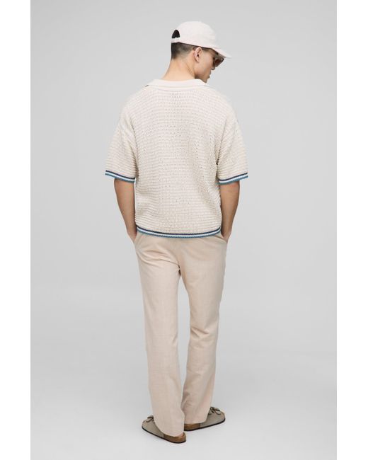 BoohooMAN White Oversized Boxy Open Stitch Stripe Trim Knitted Polo for men