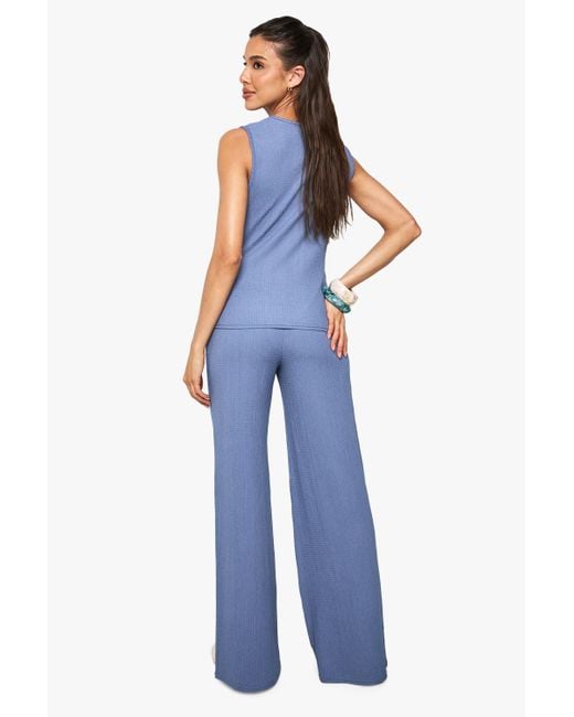Boohoo Blue Textured Lace Trim V Neck Top And Wide Leg Trouser Co-Ord