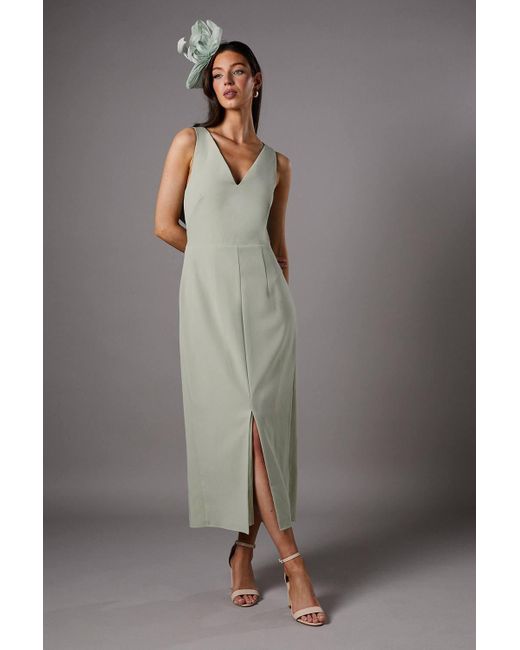 Coast Gray V Neck Crepe Column Midi Dress