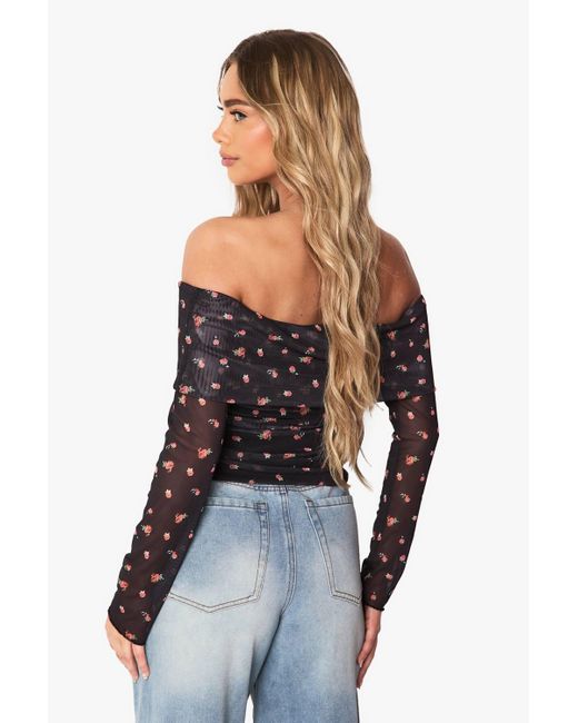 Boohoo Black Printed Mesh Bardot Ruched Top