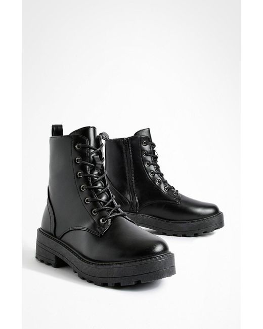 Boohoo Black Wide Fit Lace Up Chunky Hiker Boots