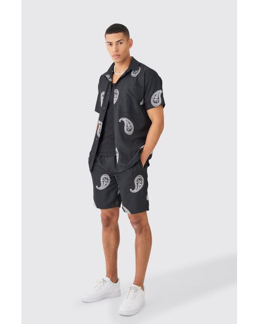 BoohooMAN Black Oversized Soft Twill Paisley Embroidered Shirt And Short for men