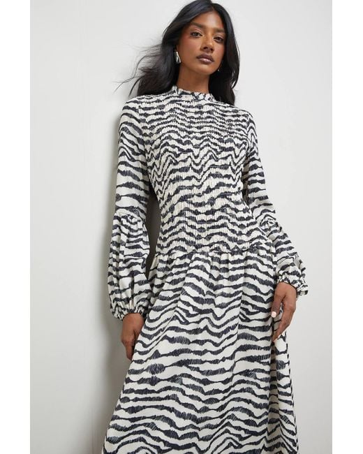 Oasis Gray Satin Shirred Bodice Balloon Sleeve Midi Dress