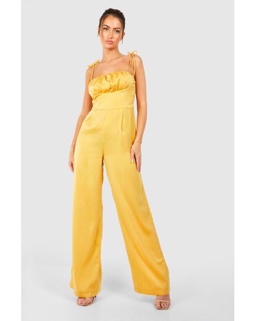 Boohoo Yellow Tie Strap Ruched Jumpsuit