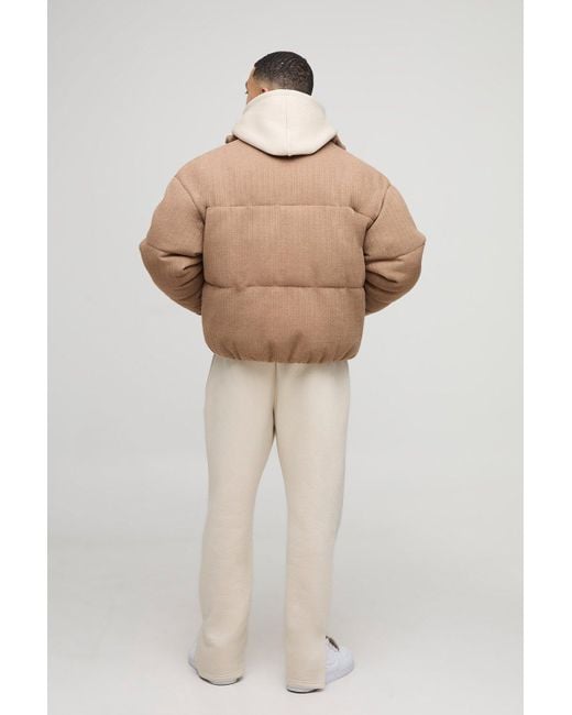 BoohooMAN Natural Boxy Fit Mini Knitted Textured Funnel Neck Puffer Jacket for men