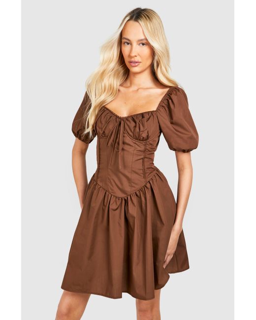 Boohoo Brown Tall Woven Puff Sleeve Milkmaid Mini Dress
